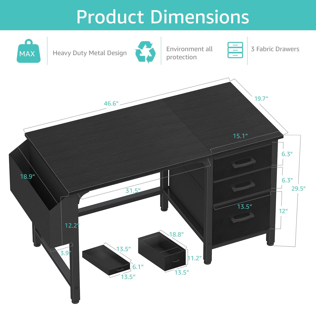 Lufeiya Computer Desk with File Drawers Cabinet, 47 Inch Reversible Home Office Desks with Filing Cabinet for Small Space, Gaming Study Writing Table PC Desks, Black