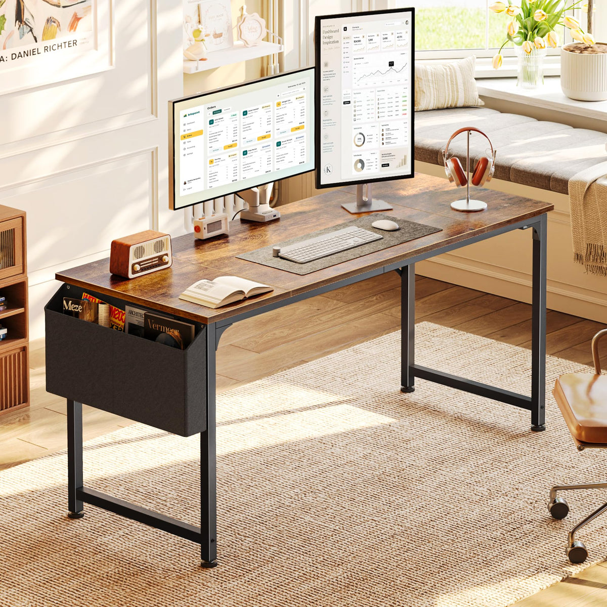 PRAISUN 55'' Computer Desk with Fabric Storage Bag