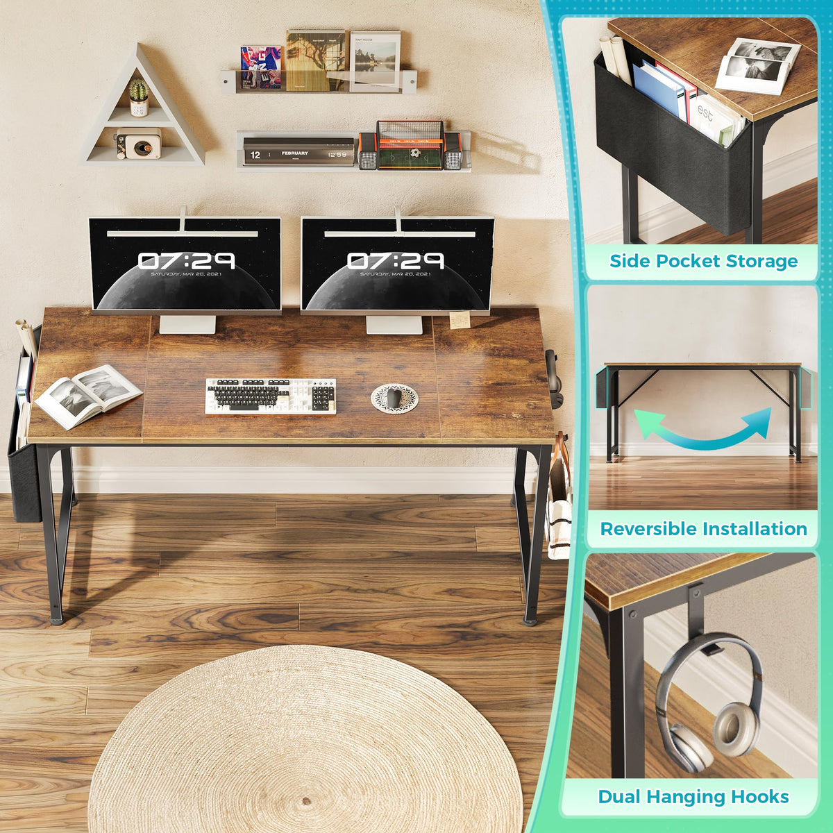 PRAISUN 55'' Computer Desk with Fabric Storage Bag