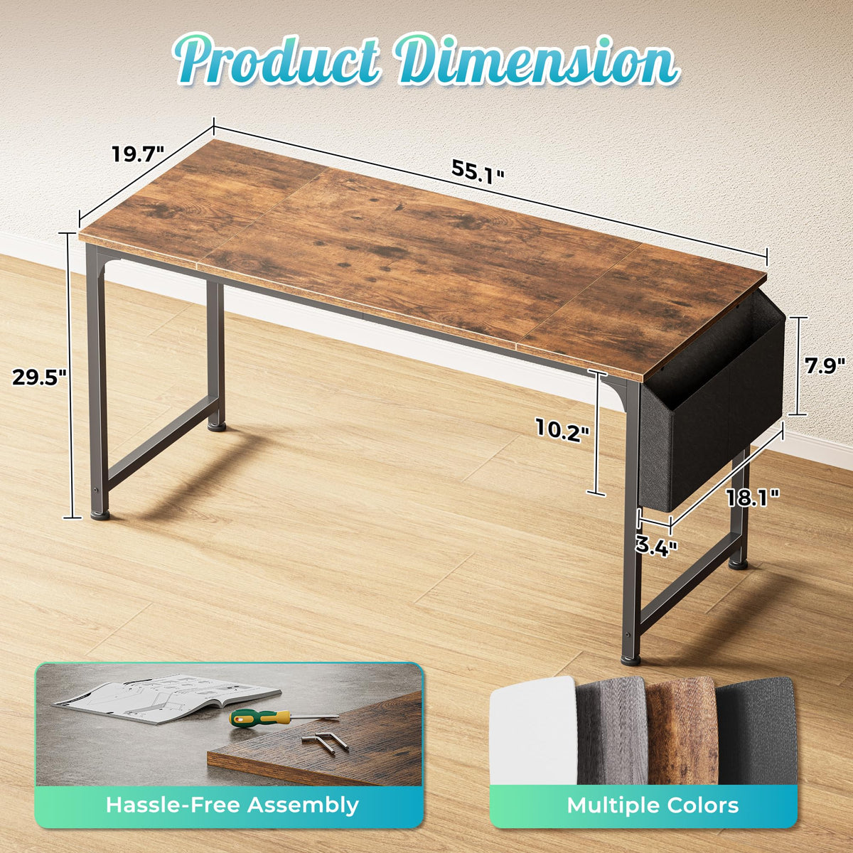 PRAISUN 55'' Computer Desk with Fabric Storage Bag